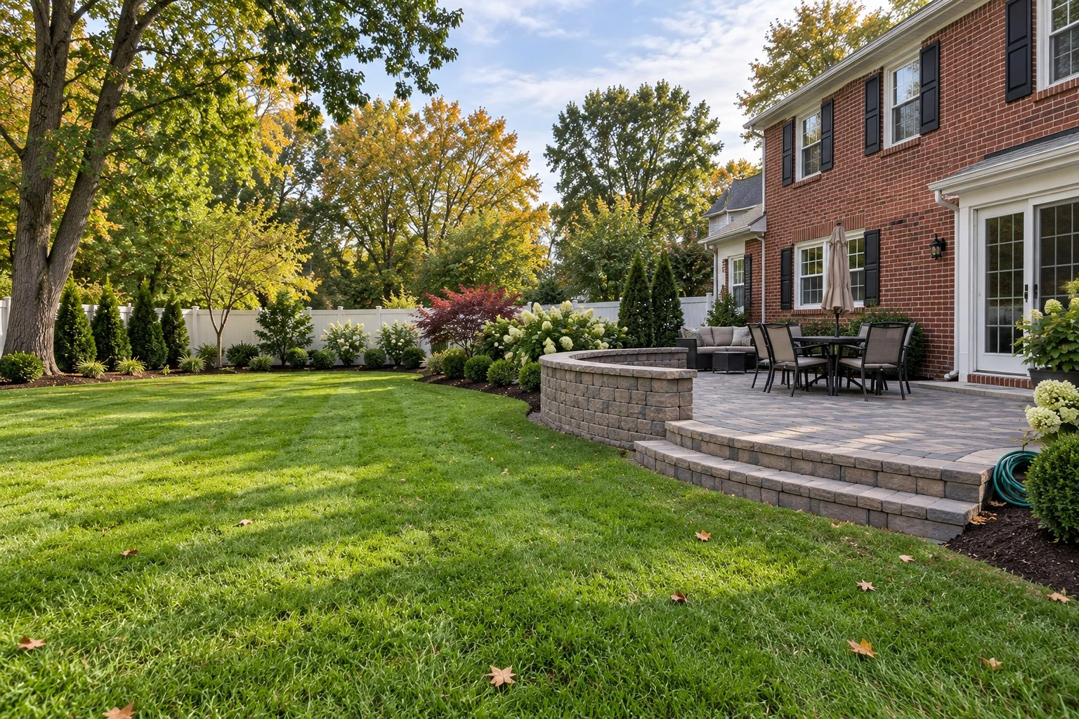 Backyard with a paver patio, a curved seating wall and new planting beds behind a brick house