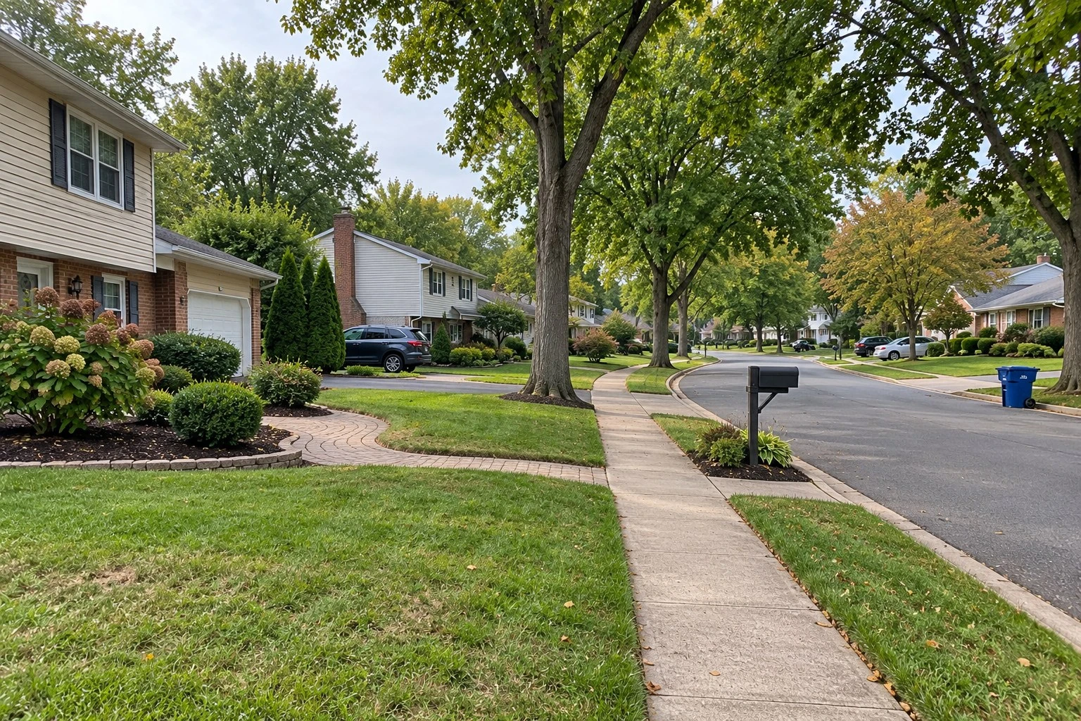 Suburban street with front lawns, planted beds and mature trees