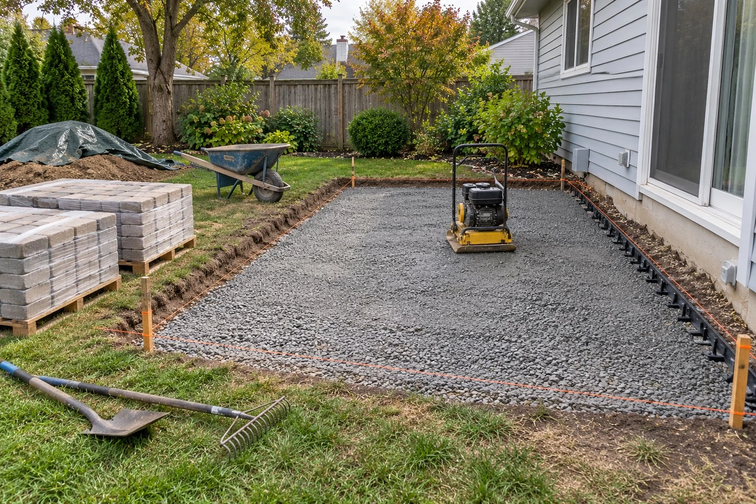 Graded and compacted stone base laid out with string lines