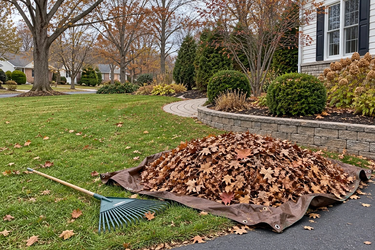 Raked front lawn after a fall cleanup, with a tarp heaped with leaves beside the driveway