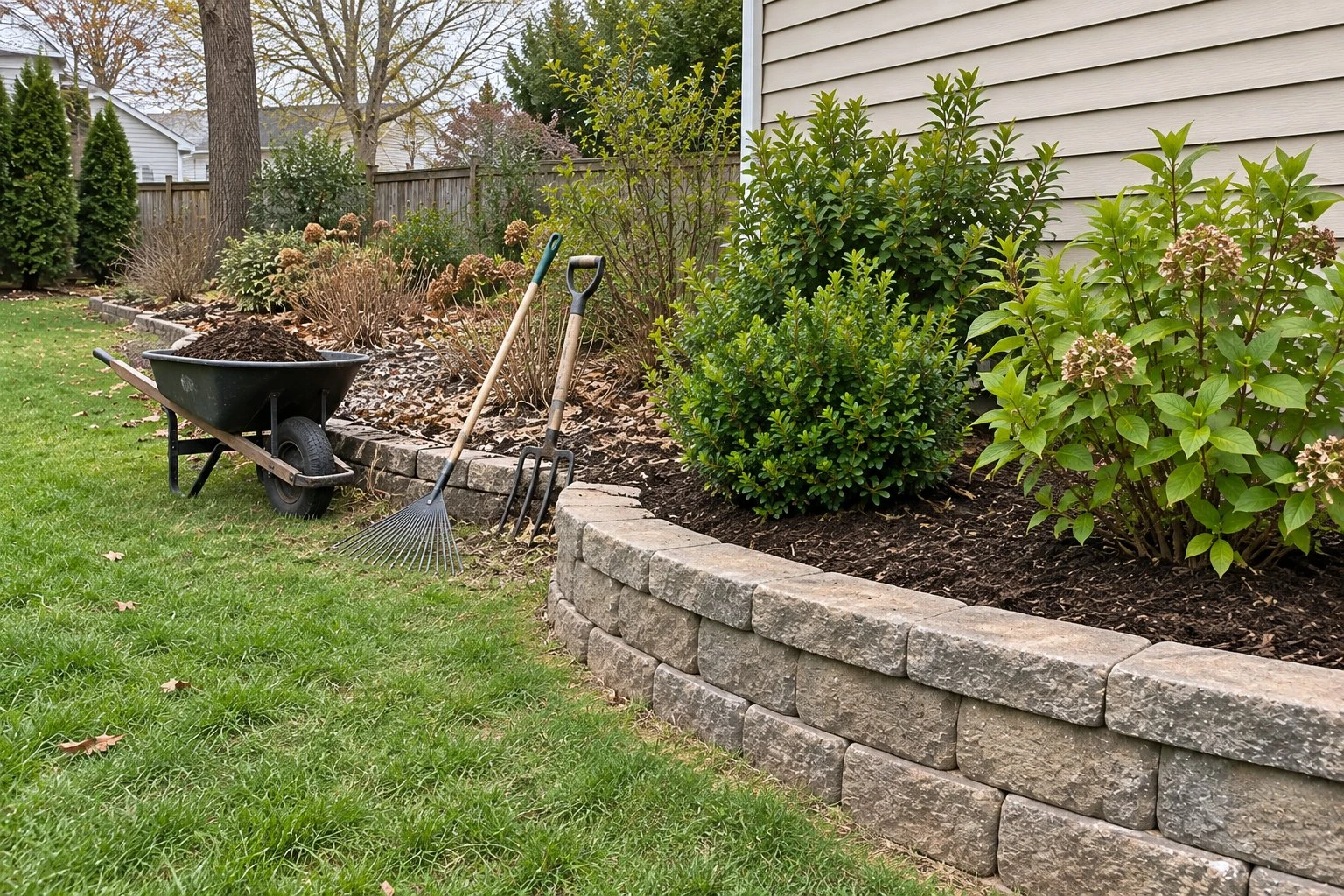 Planting bed half cleaned and freshly mulched, half still covered in old leaves and stems