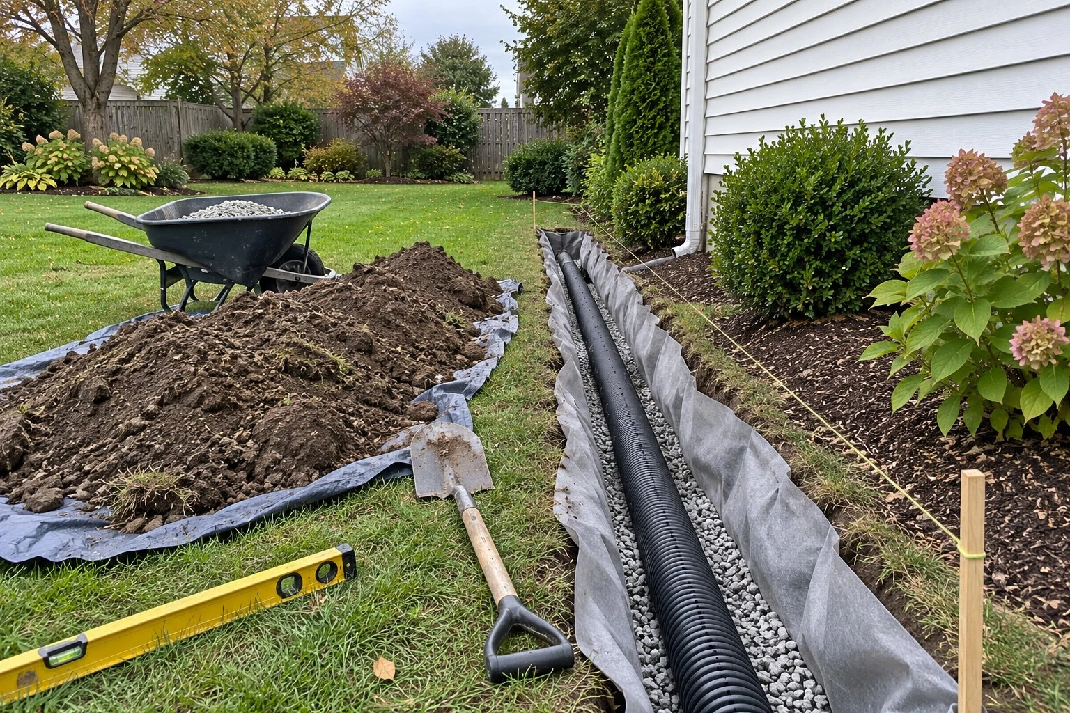 French drain trench lined with fabric, with perforated pipe on gravel along a side yard