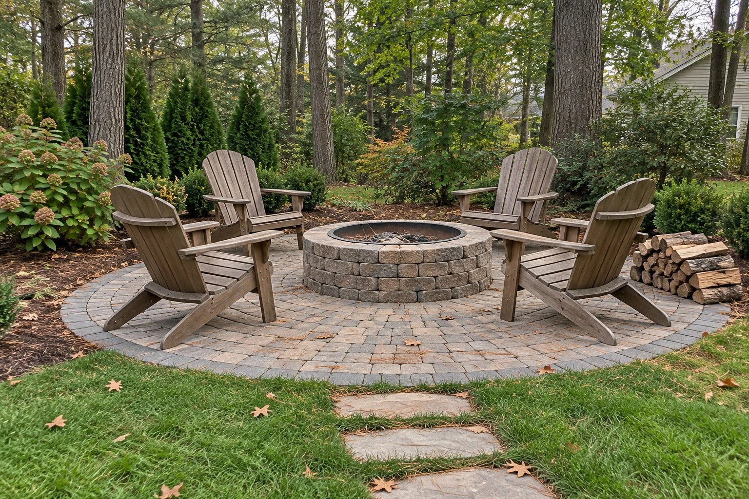 Block fire pit with chairs on a round paver patio