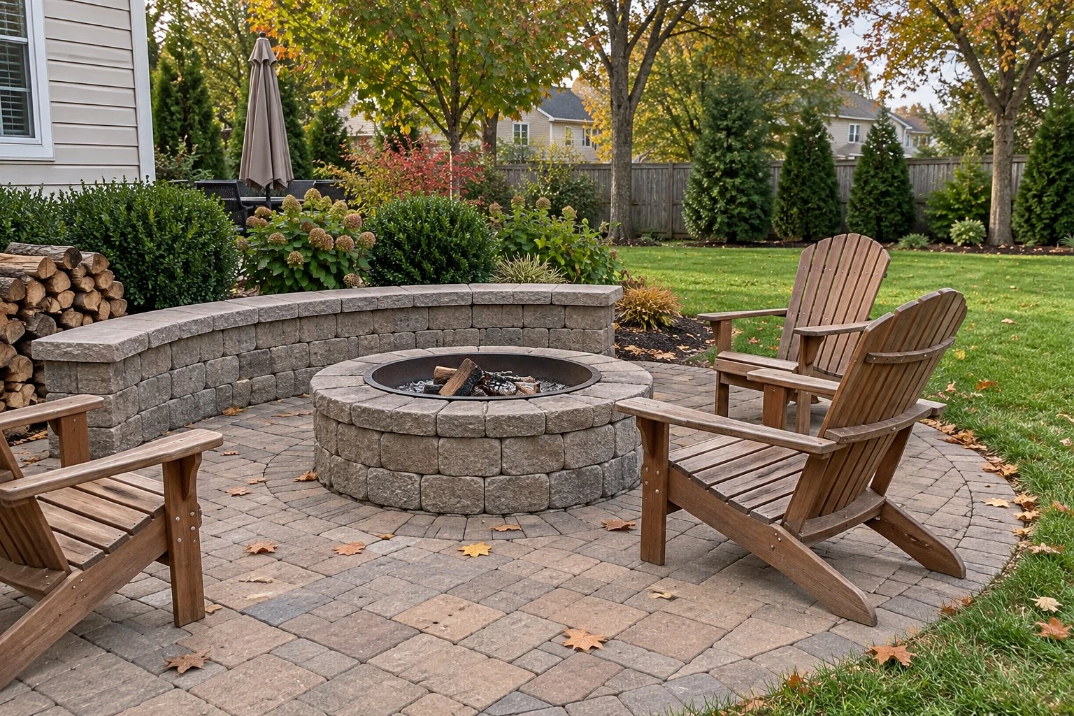 Round block fire pit with a curved seating wall and wooden Adirondack chairs on a backyard patio