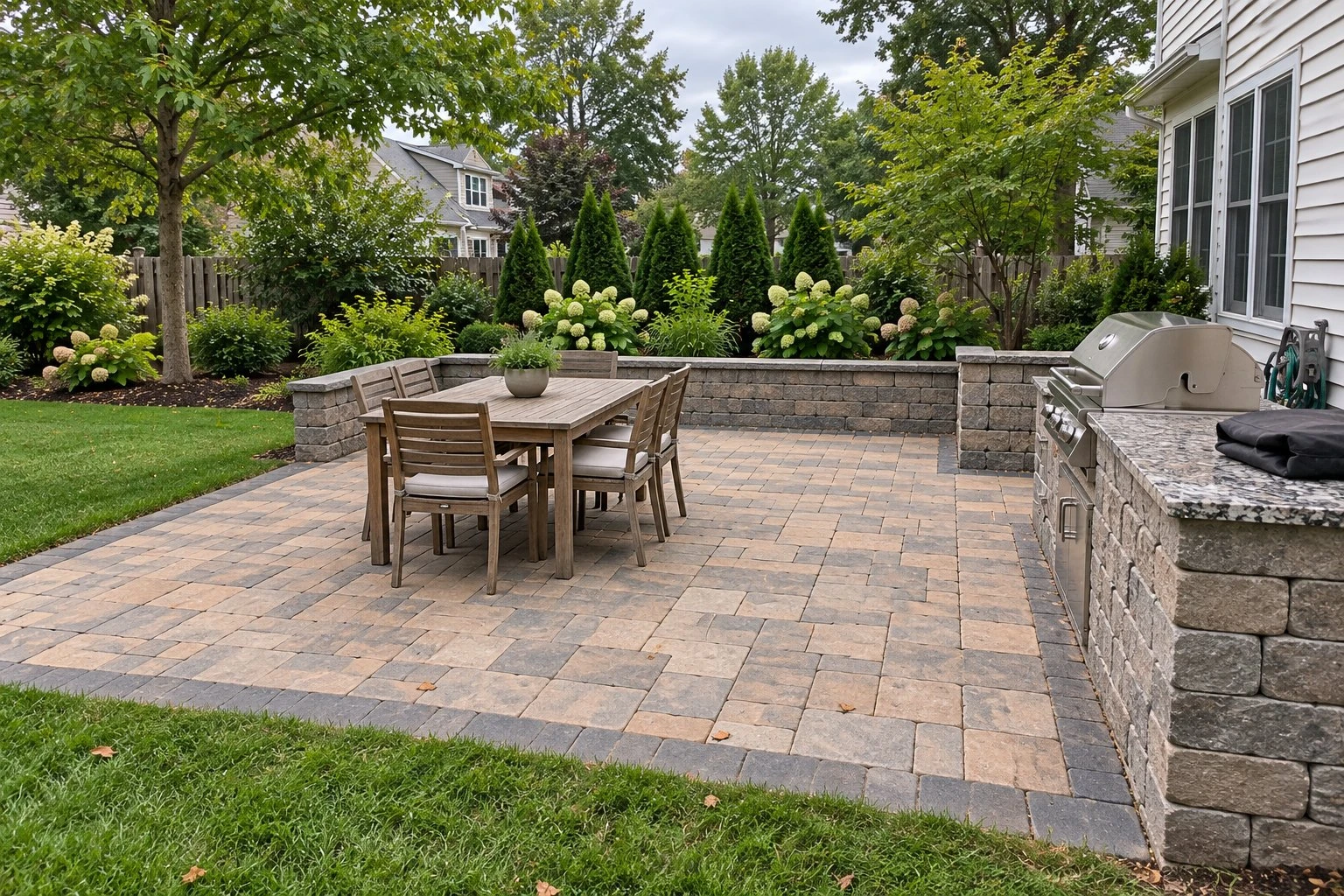 Paver patio with a block grill counter, a seating wall and a dining table beside a white house