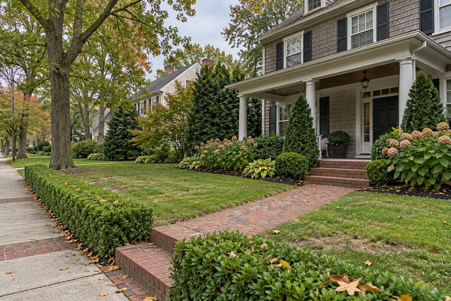 Brick front walk and porch steps of an older shingled house on a tree-lined street