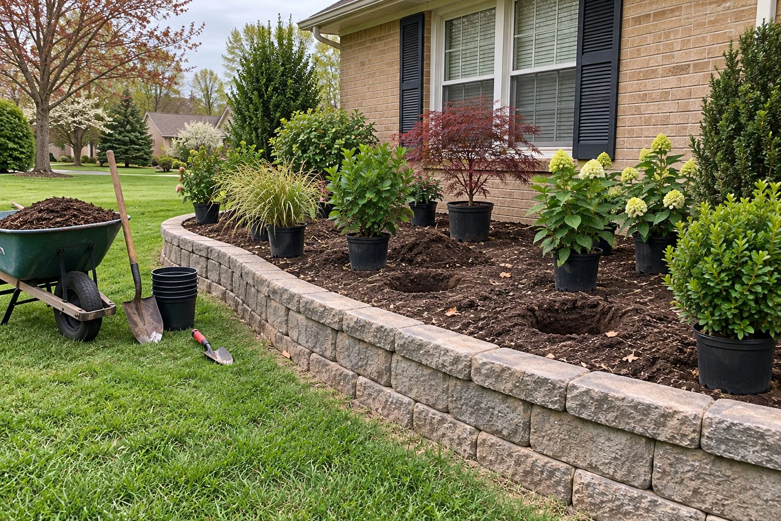 Shrubs in nursery pots set out on a freshly turned bed in front of a brick ranch house