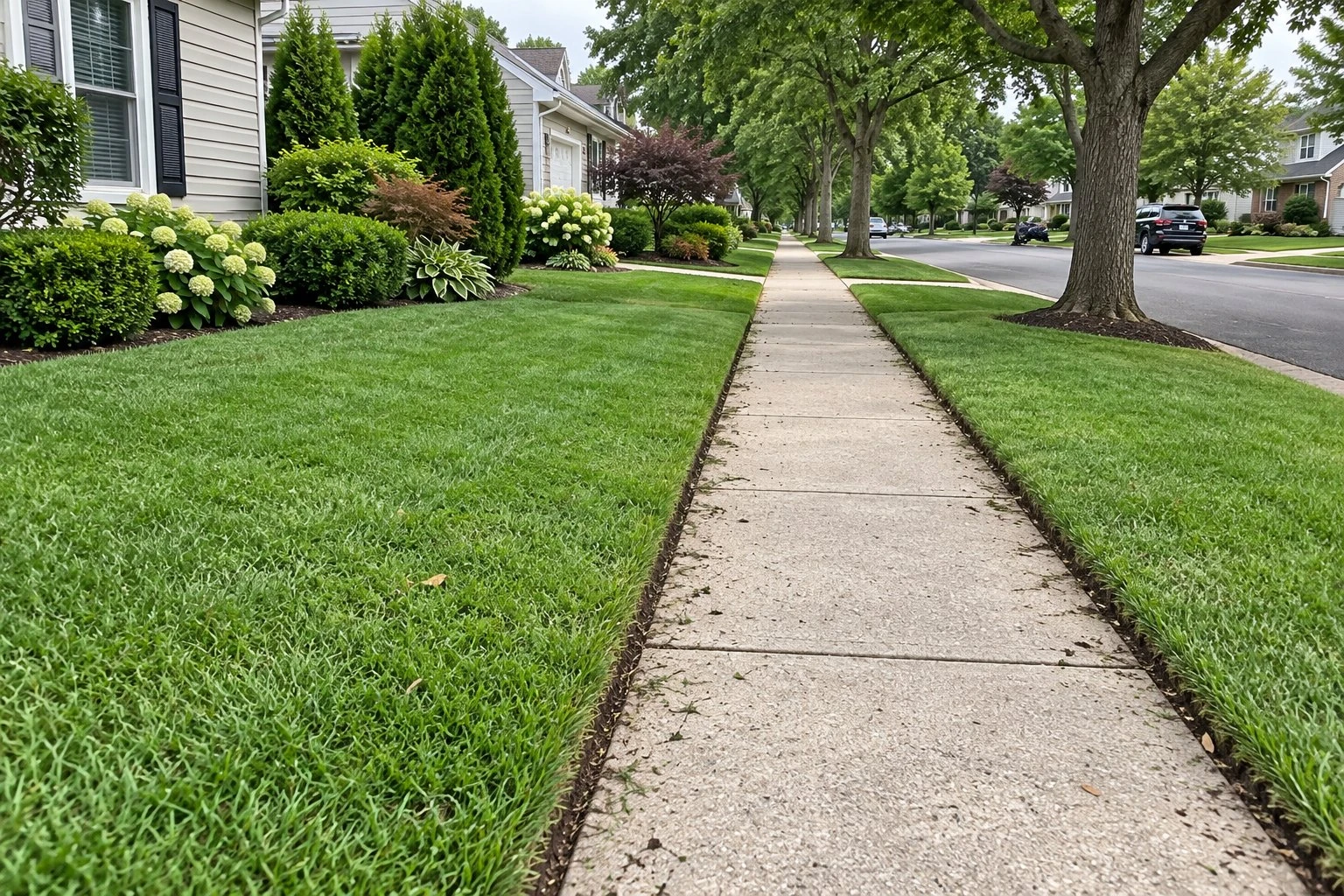 Sidewalk with crisp edged lawn on both sides on a tree-lined street