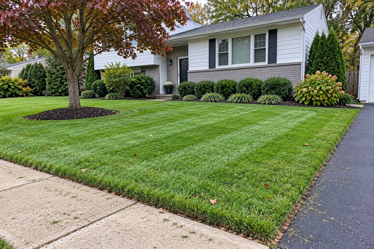 Freshly mowed front lawn with edged sidewalk and a maple in a mulch ring