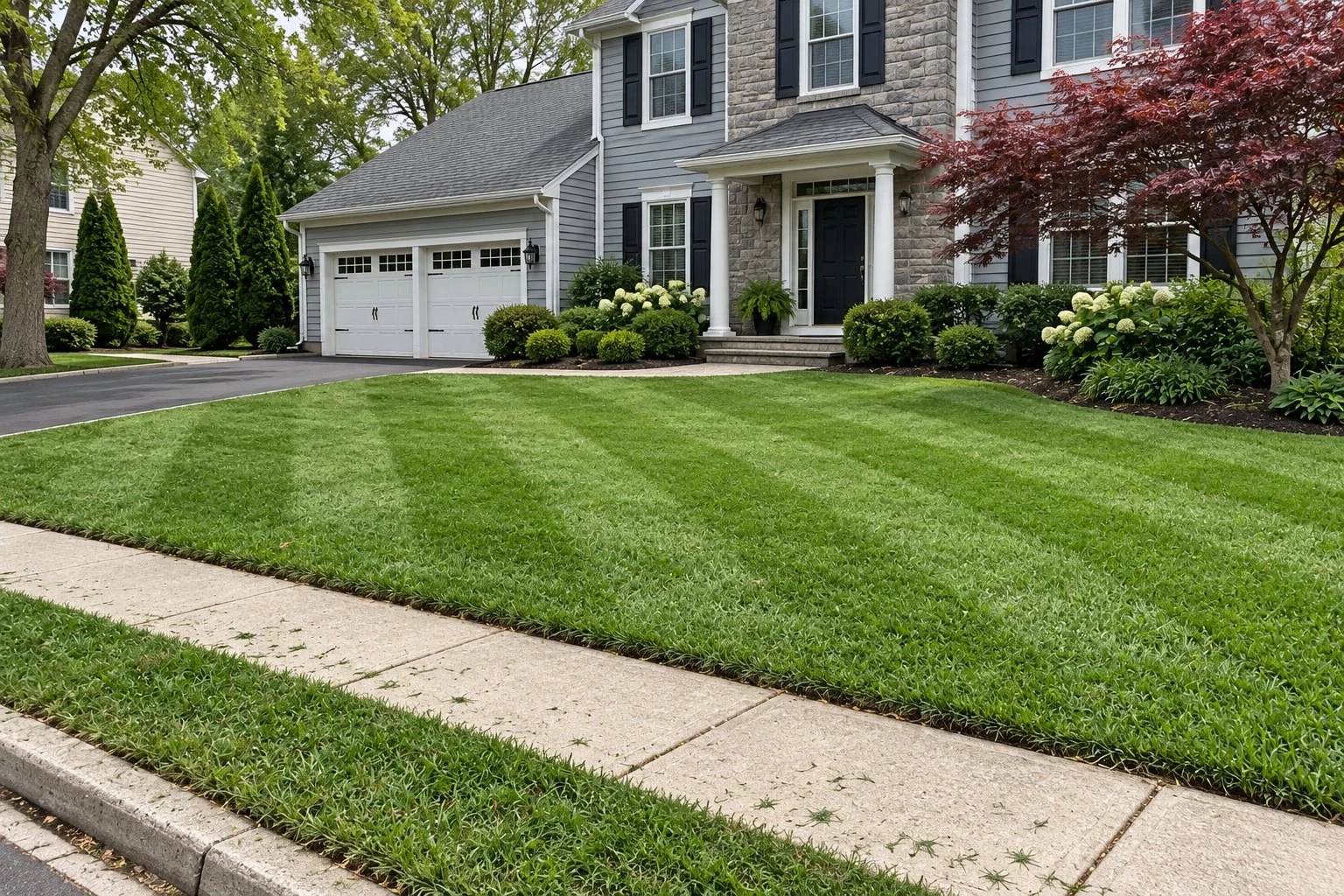 Freshly mowed front lawn with diagonal stripes and edged driveway in front of a stone-and-siding colonial