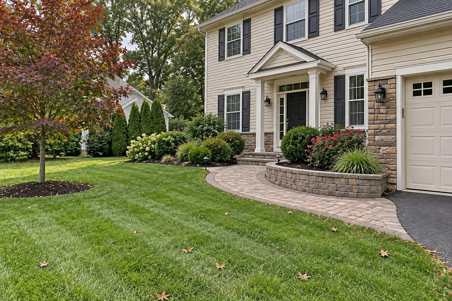 Curved paver walkway and planted beds in front of a two-story colonial on a cul-de-sac