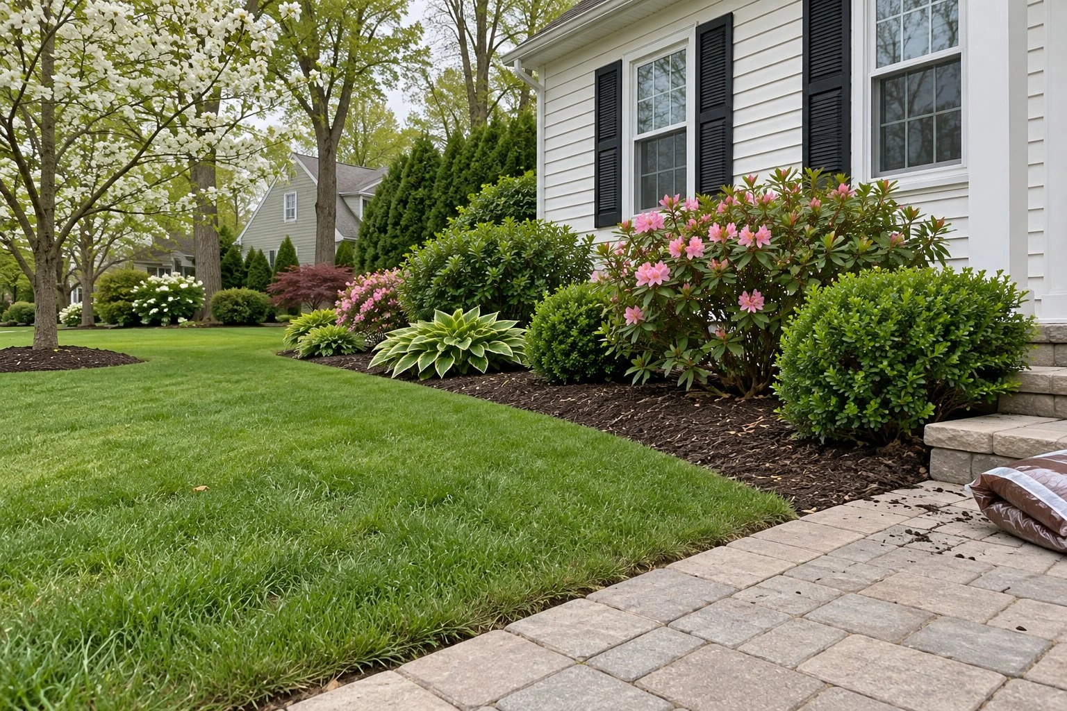 Freshly mulched beds with azaleas, boxwoods and a dogwood along a white cape cod house