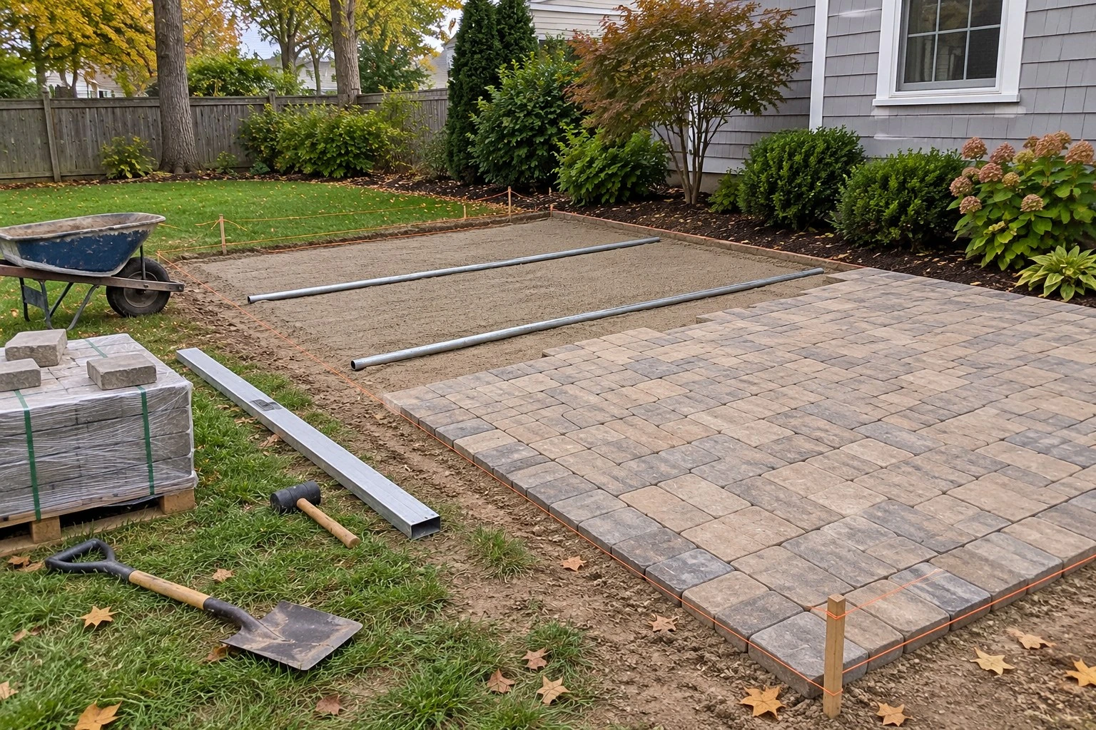 Patio being laid: part of the pavers down, the rest of the area screeded sand inside string lines
