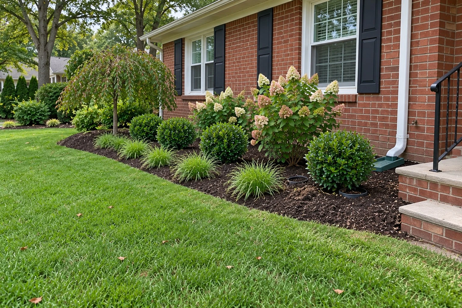 Newly planted foundation bed with shrubs, hydrangeas and fresh mulch along a brick house