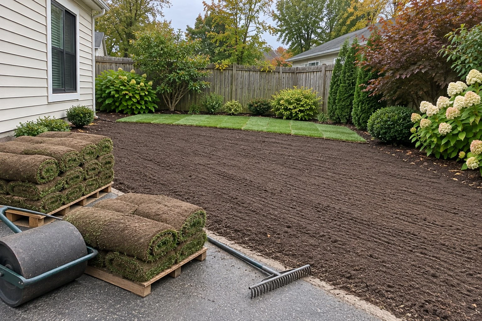 Backyard stripped and raked smooth with topsoil, with pallets of sod rolls waiting at the edge