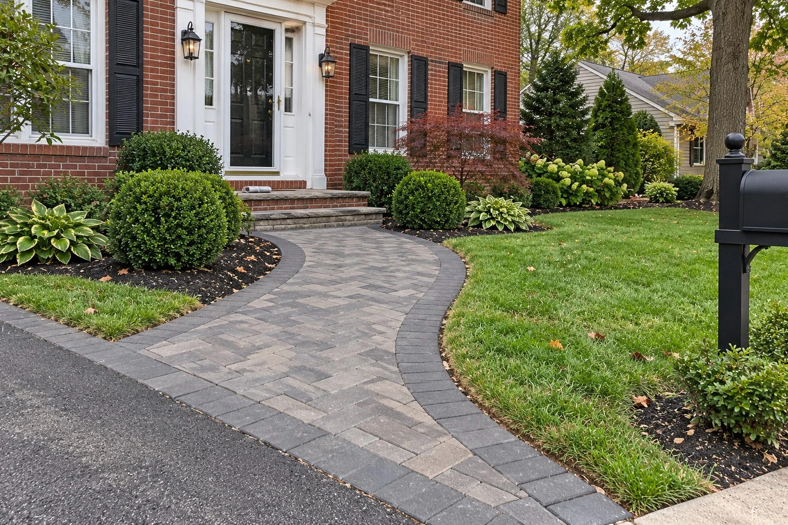 Paver walkway curving to the front door of a brick house
