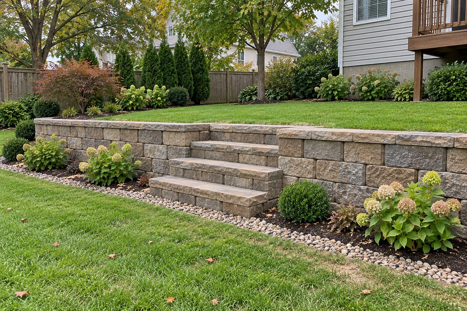 Block retaining wall with steps up to a raised lawn