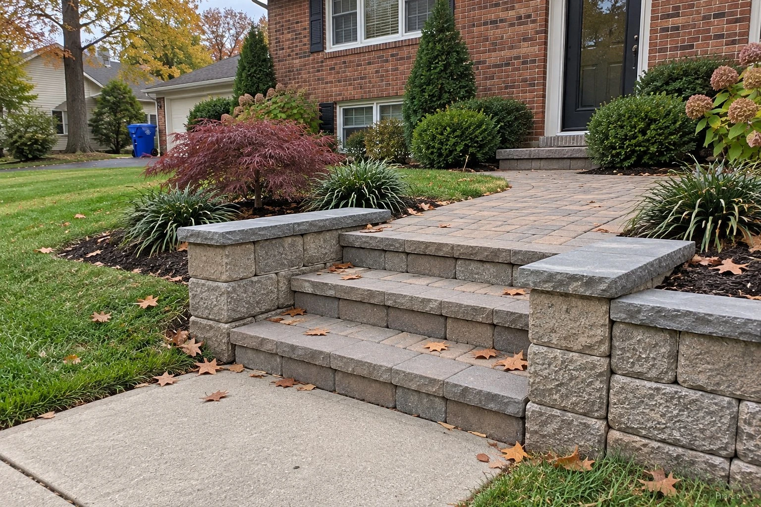 Paver steps with grey block cheek walls leading from the sidewalk up to a brick house