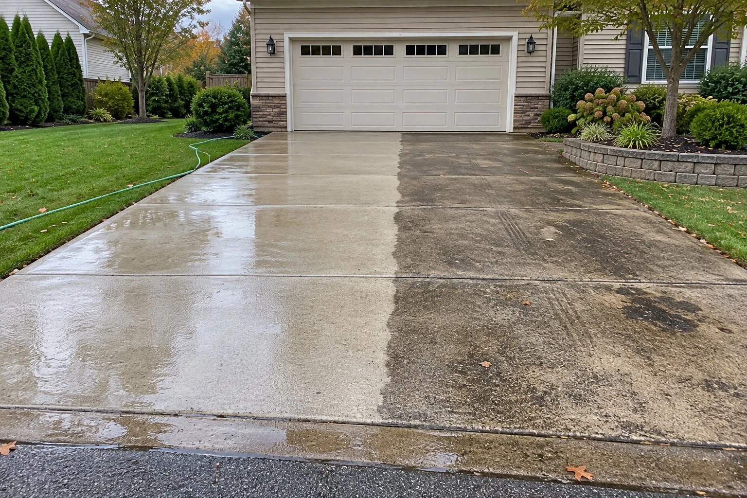 Concrete driveway partly pressure washed, with a clear line between clean and dirty concrete