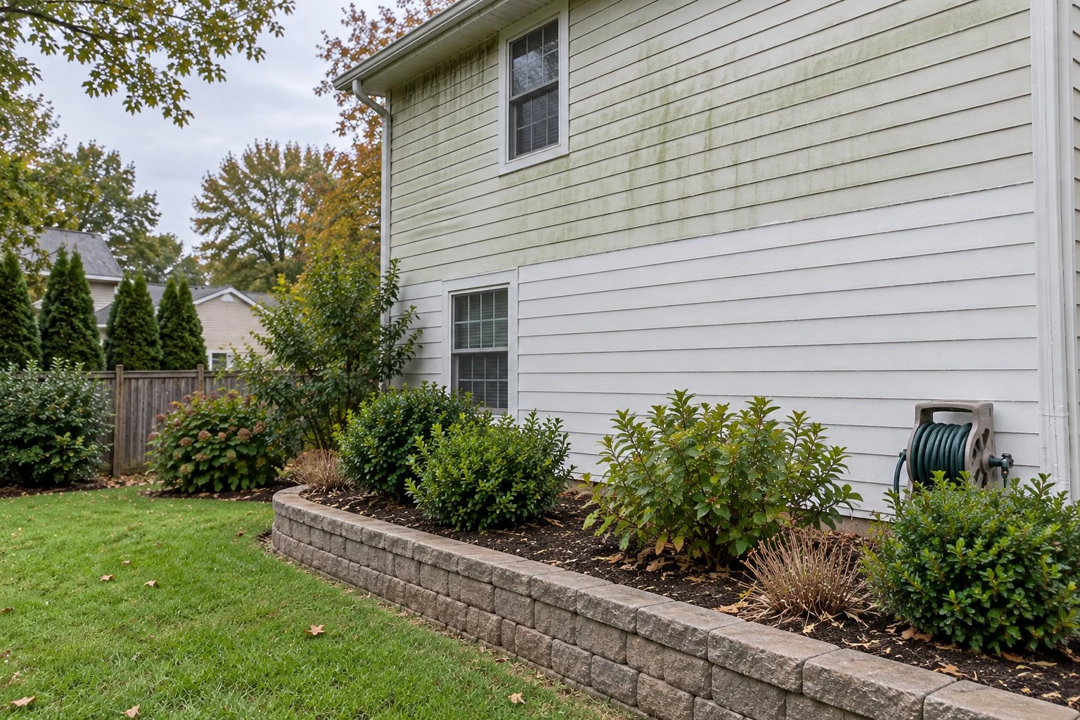 Vinyl siding washed clean on the lower half, with green film still on the upper half