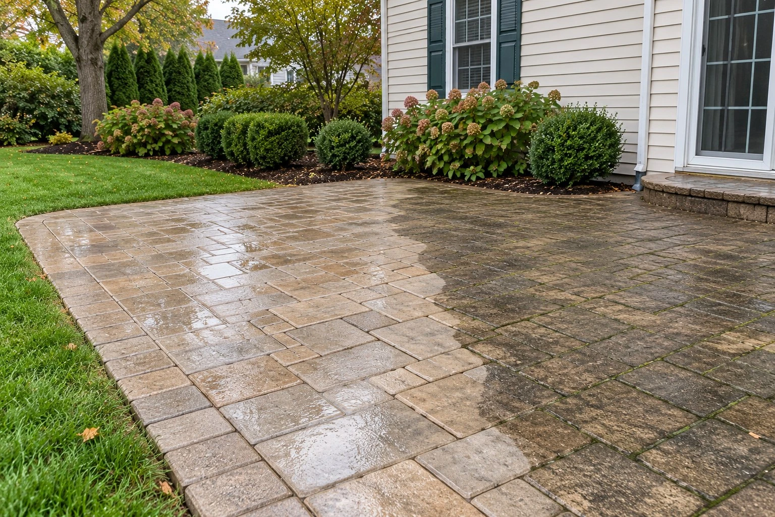 Paver patio partly pressure washed, with a clear line between clean and dirty pavers
